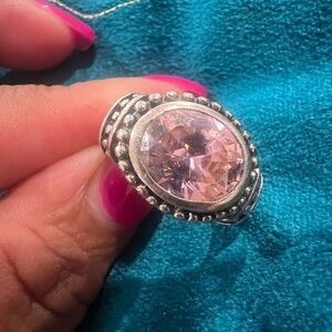 Vintage-Inspired Pink 925 Silver Ring with Intricate Detailing